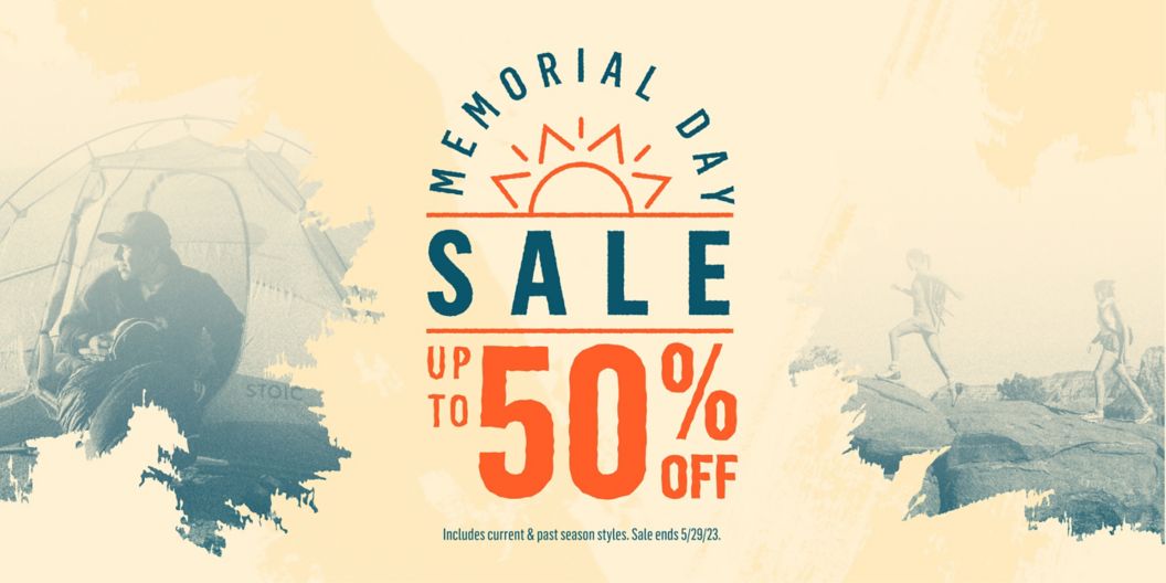 A yellow brushstroke background, with an image of a man sitting in a tent on the left, an image on the right of two people hiking up a rocky trail, and superimposed text that reads, “Memorial Day Sale, Up To 50% Off. Includes current and past season styles. Sale ends 5/29/23.”